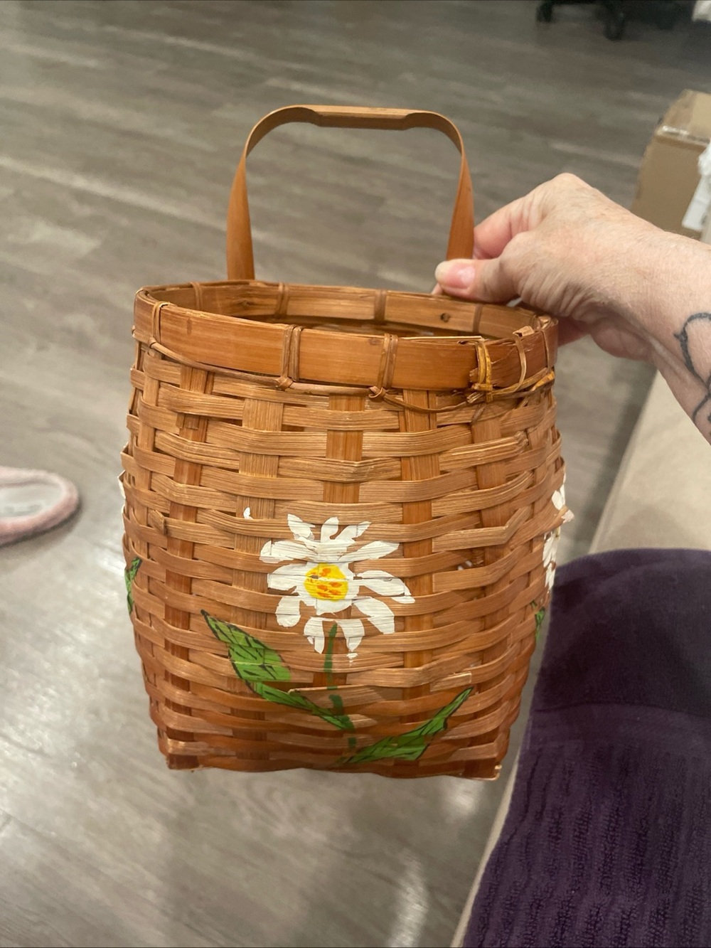 Vintage Hand Woven Basket Wood Bottom Painted Flower with Handle